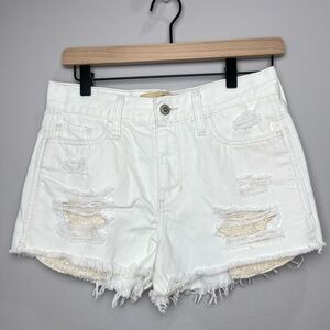 High Waisted White Distressed Denim Shorts
